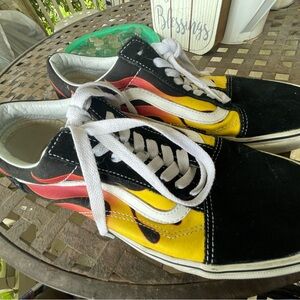 Well-loved Vans black suede with flames, men’s 8/women’s 9.5